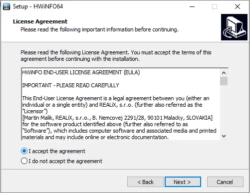 License agreement setup- HWiNFO64