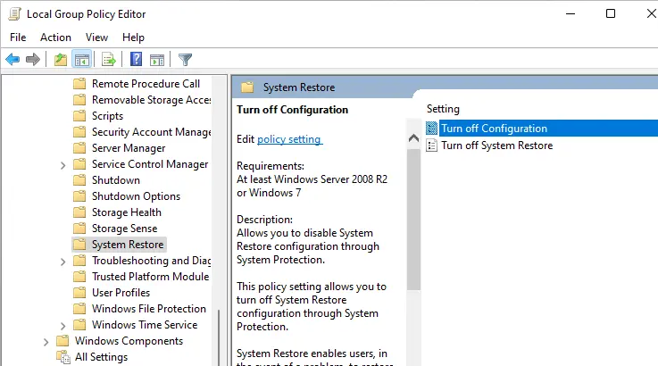 Local group policy systemrestore