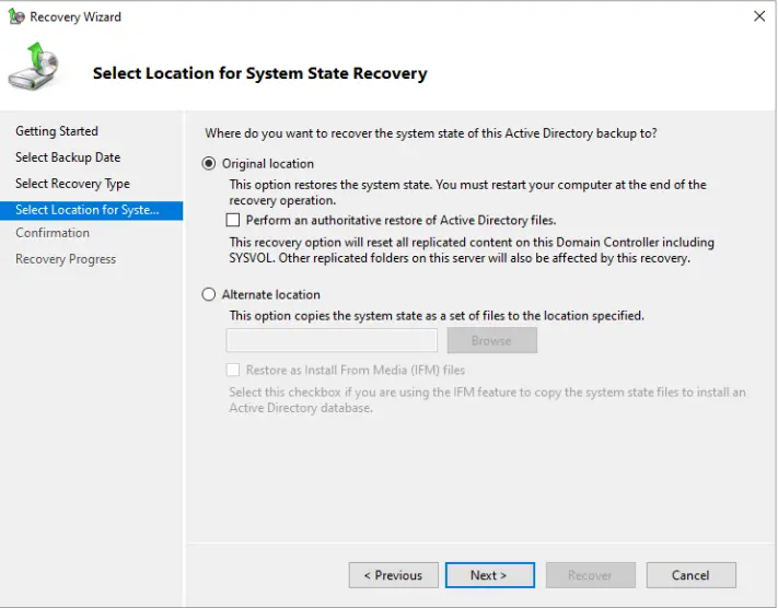 Location for system state recovery