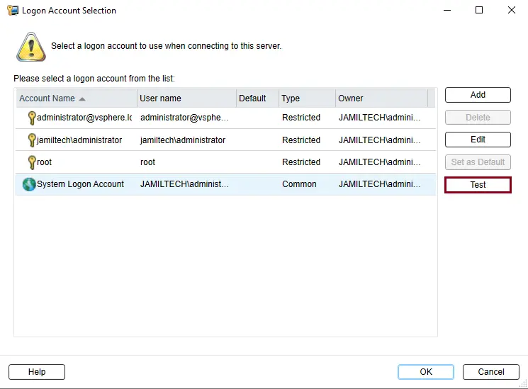 Login account selection backup exec