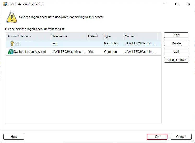 Logon account selection Veritas