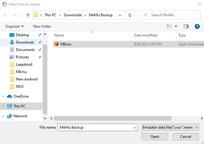 MEmu select file to import
