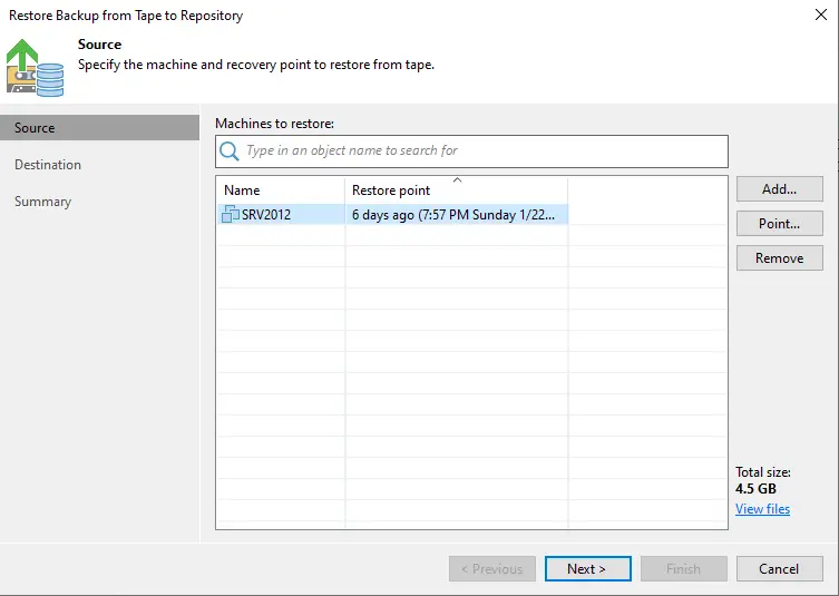 Machines to restore source Veeam