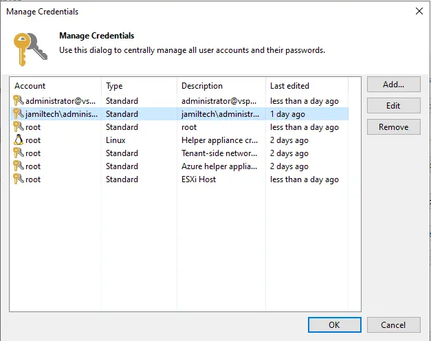 Manage credentials Veeam backup