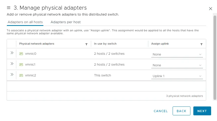 Manage physical adapters distributed switch