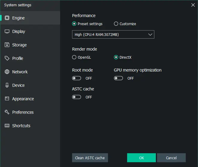 Memu system setting performance