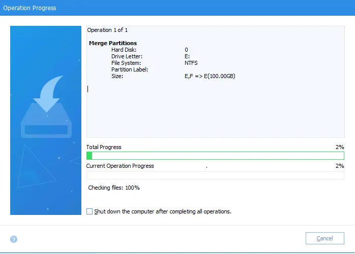 Merge partition AOMEI operation progress