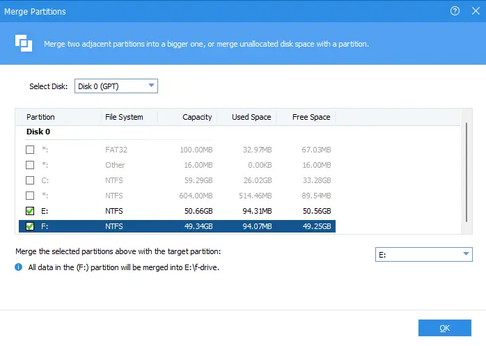 Merge partitions in AOMEI