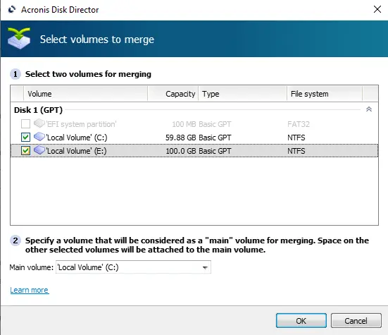 Merge volume Acronis disk director