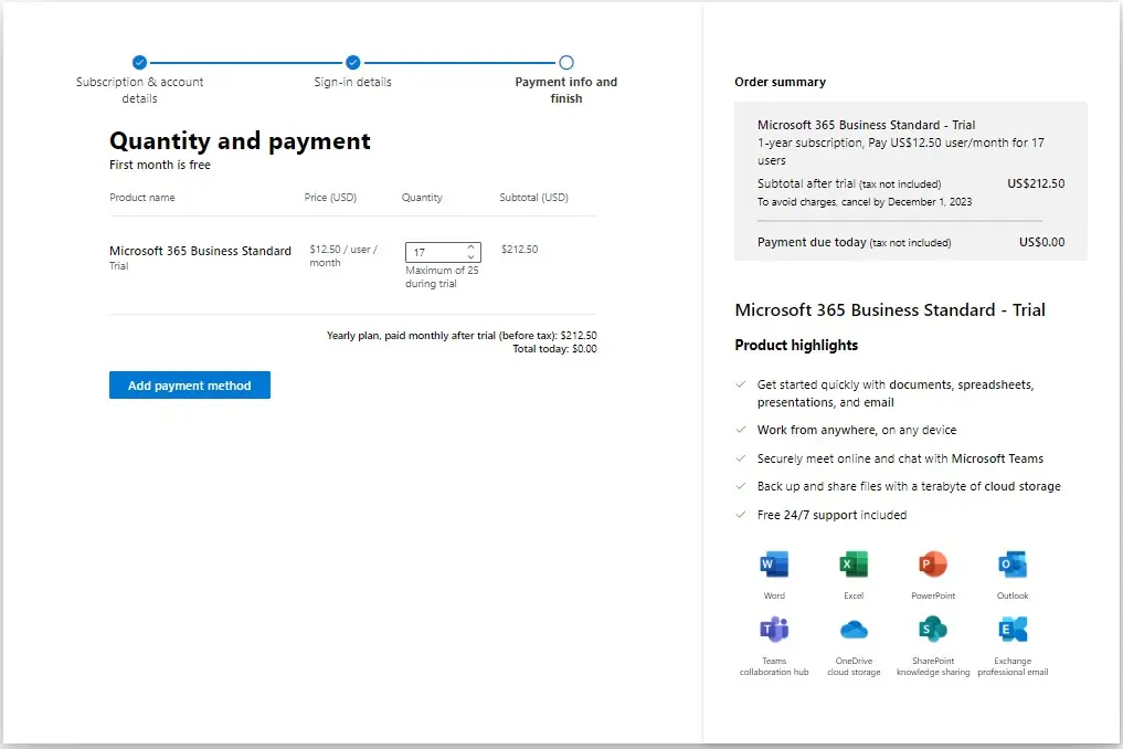 Microsoft 365 quantity and payment