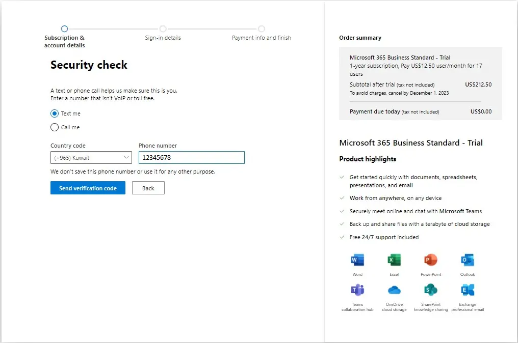 Microsoft 365 sing up security check