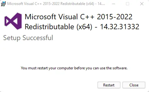 Microsoft Visual C++ setup successful