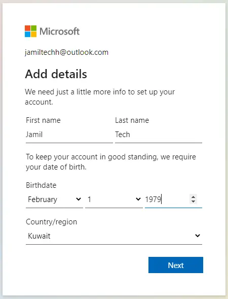 Microsoft account add details