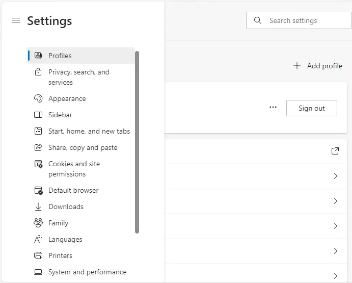 Microsoft edge settings profile