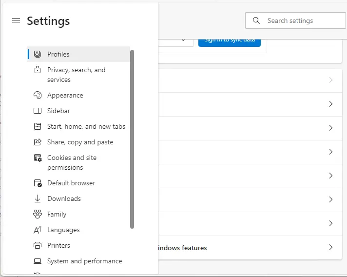 Microsoft edge settings profile