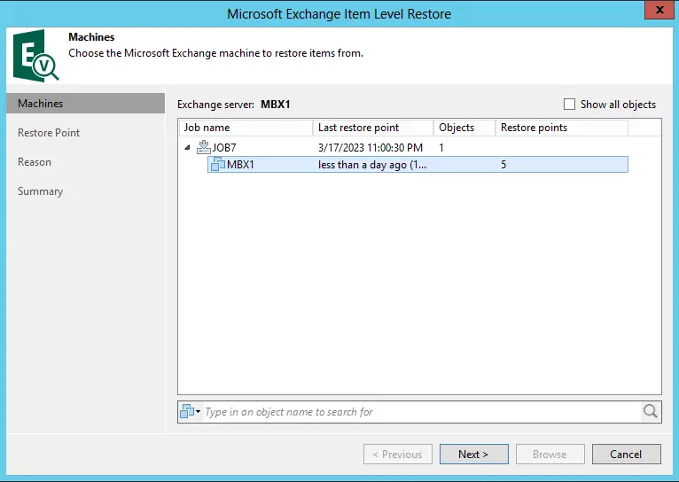 Microsoft exchange items restore level