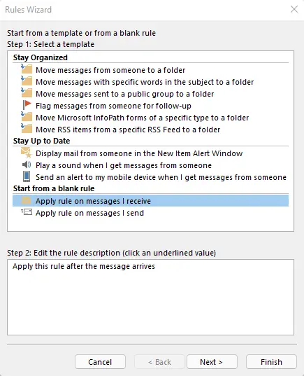 Microsoft outlook rules wizard
