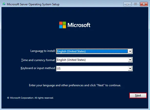 Microsoft server operating system setup