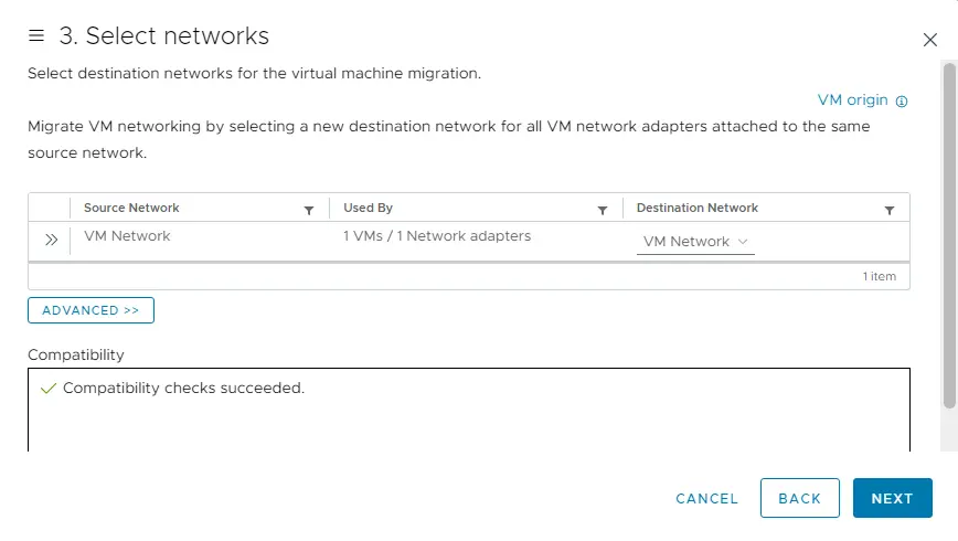Migrate VM select networks