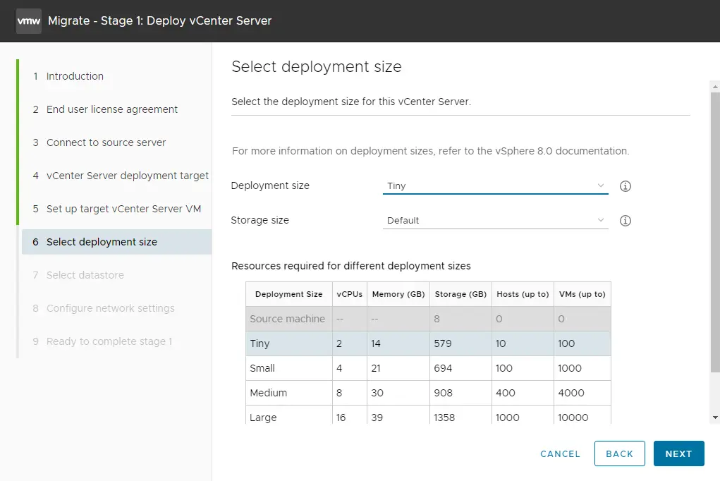 Migrate Windows vCenter deployment size