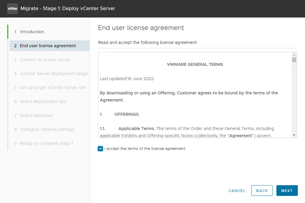 Migrate vCenter license agreement