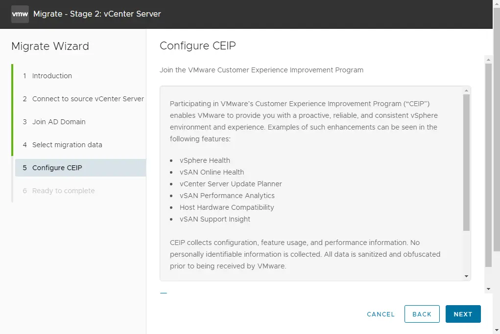 Migrate wizard configure ciep