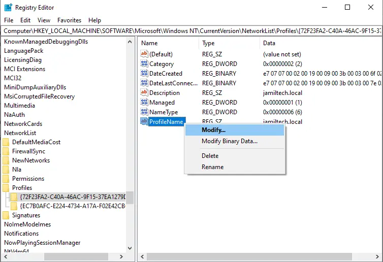 Modify network name registry