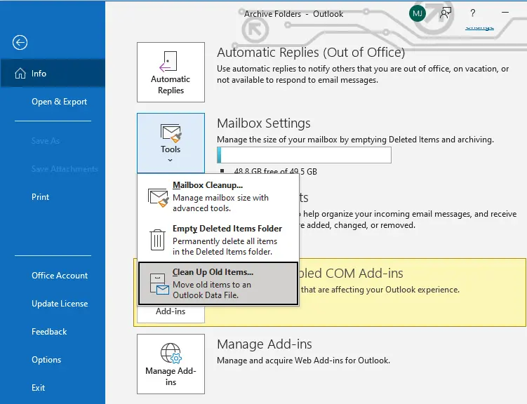 Move old items to an outlook data file