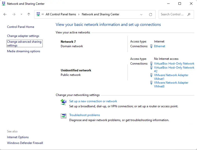 Network and Sharing center