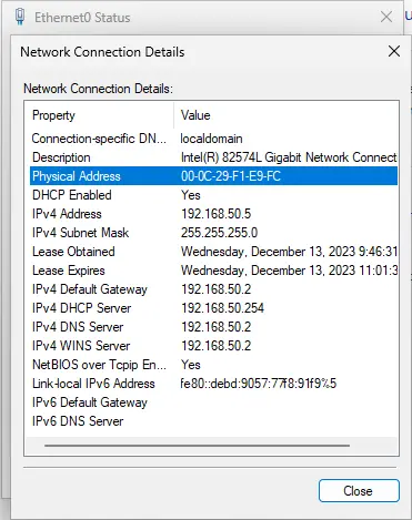 Network connection details
