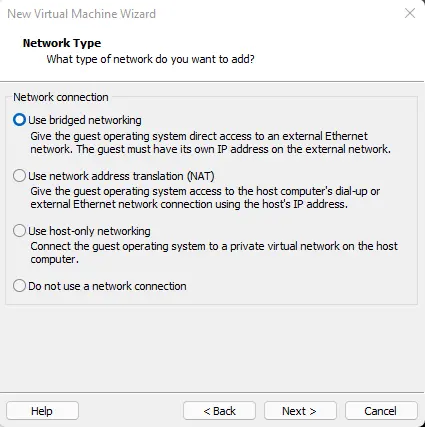 Network type use bridged networking