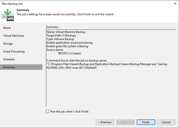 New backup job settings summary