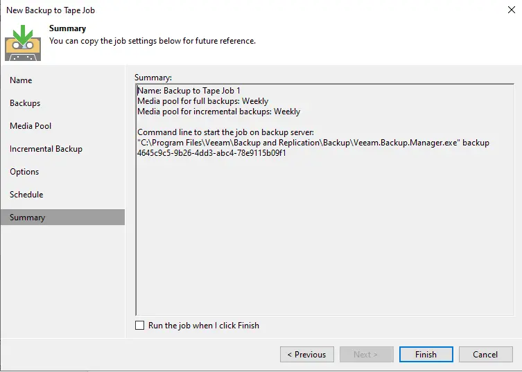 New backup to tape job summary