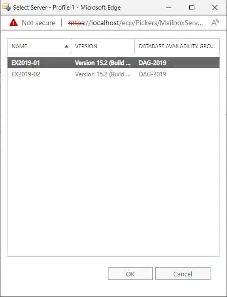 New database exchange select server