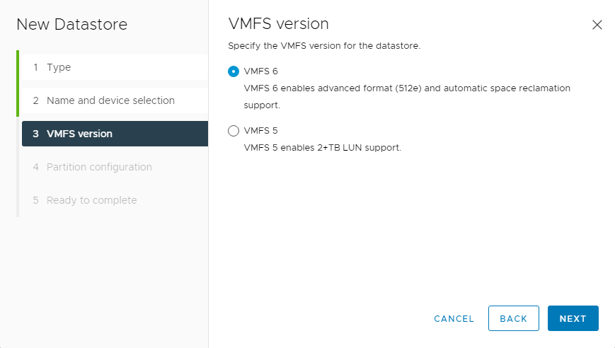 New datastore VMFS version