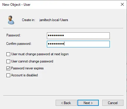 New object user password