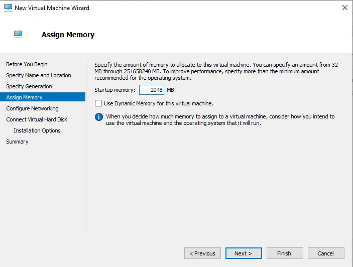 New virtual machine assign memory