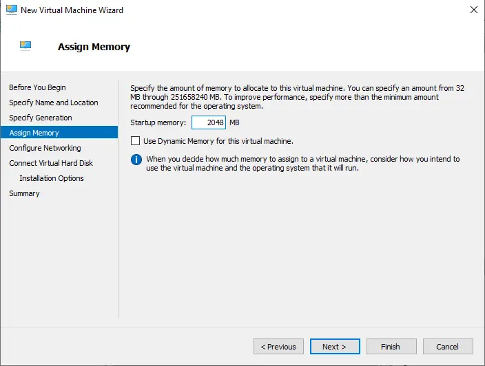 New virtual machine assign memory