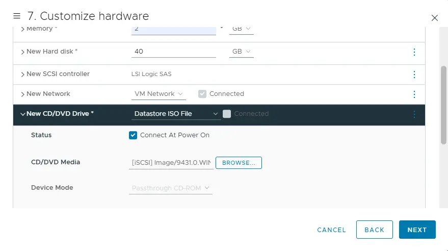 New virtual machine customize hardware