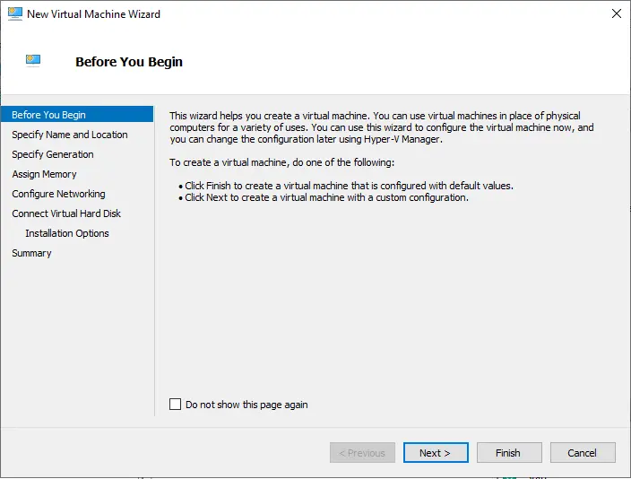 New virtual machine wizard Hyper-V