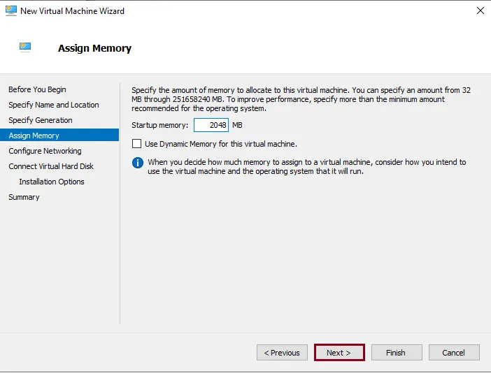 New virtual machine wizard assign memory