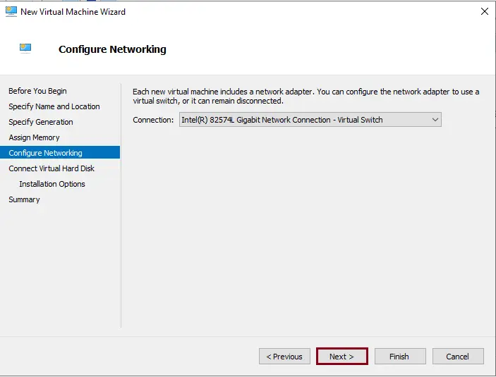 New virtual machine wizard configure networking