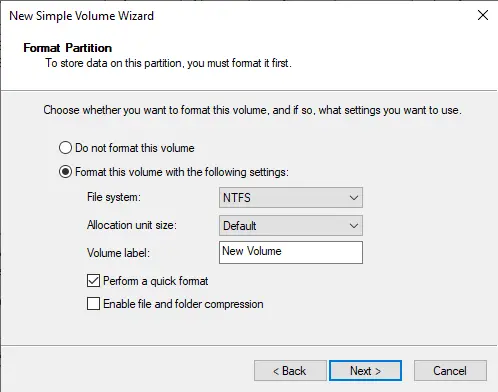 New volume format partition