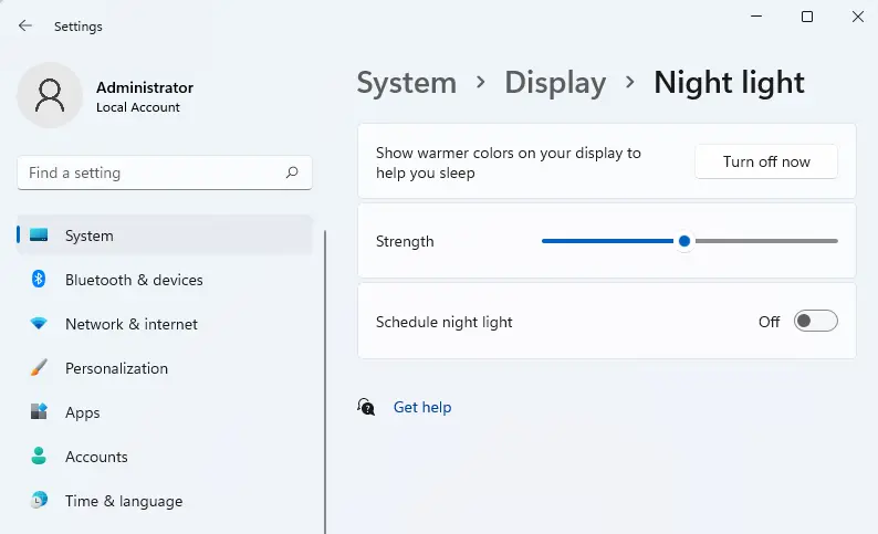 Night light warner color settings