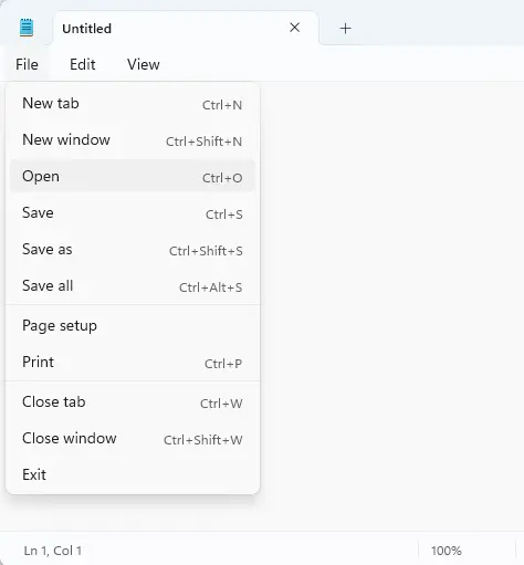 Notepad file menu