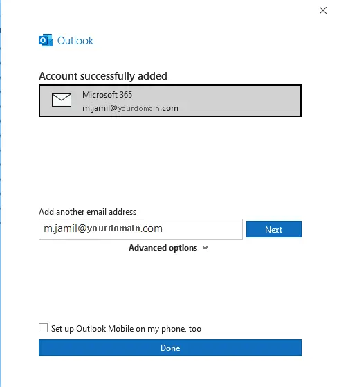 Office 365 account successfully added