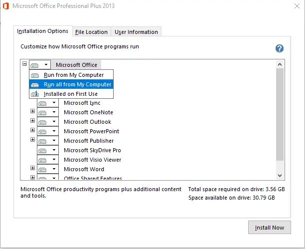 Office install now installation options