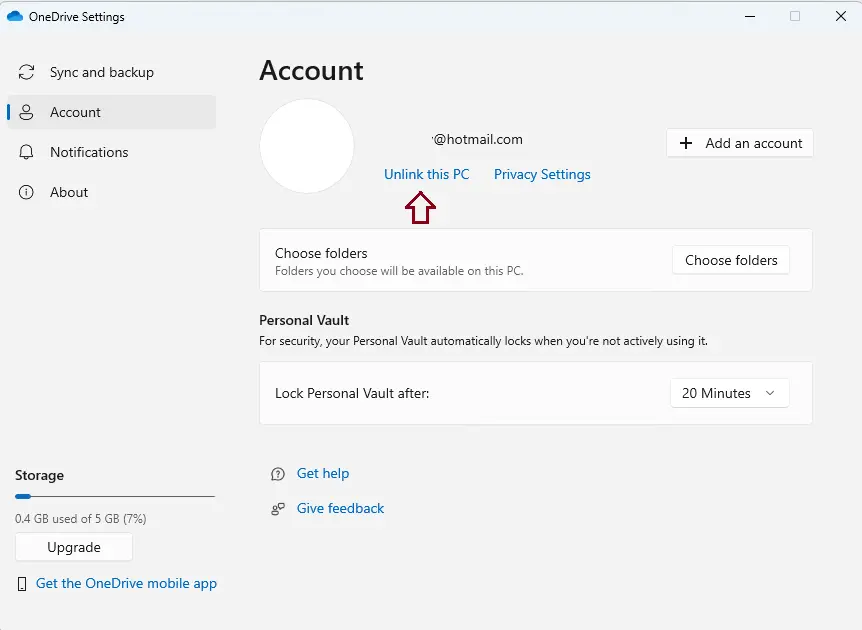 OneDrive settings account