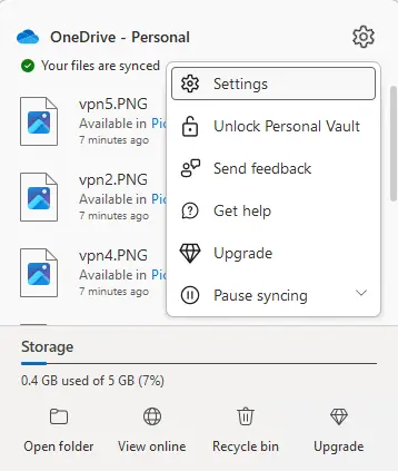 OneDrive settings menu