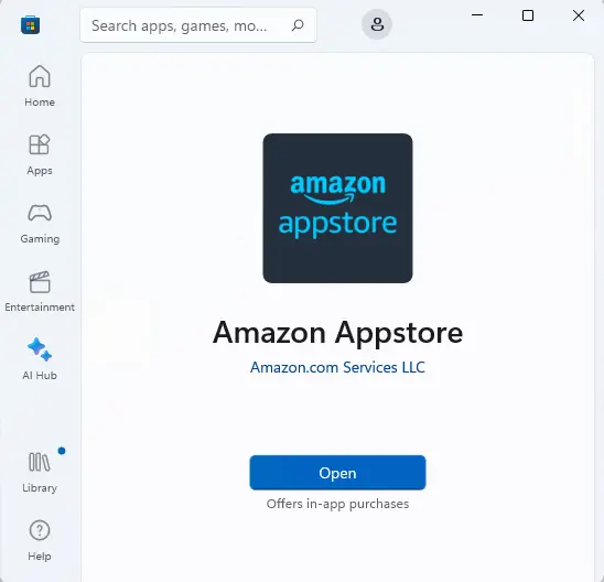 Open amazon appstore in Windows